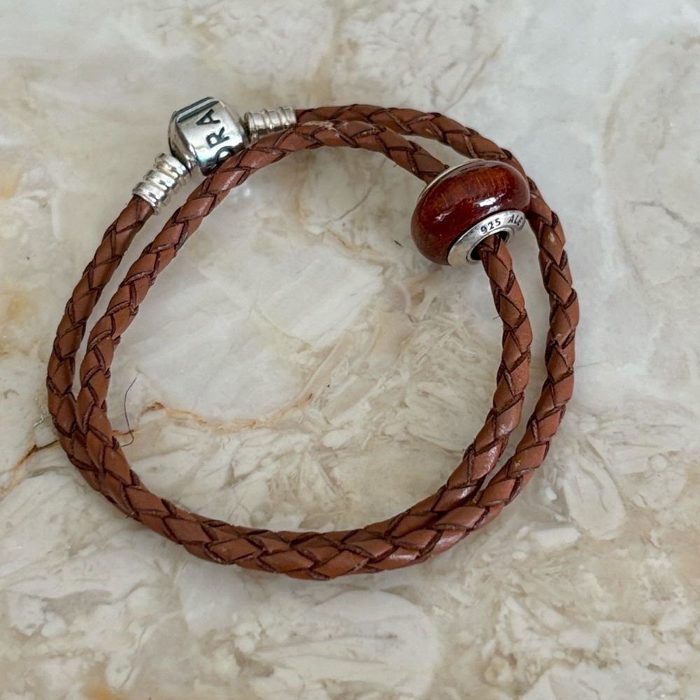 Pandora Leather Double Wrap Sterling Silver Barrel Clasp Bracelet & Pandora Bead